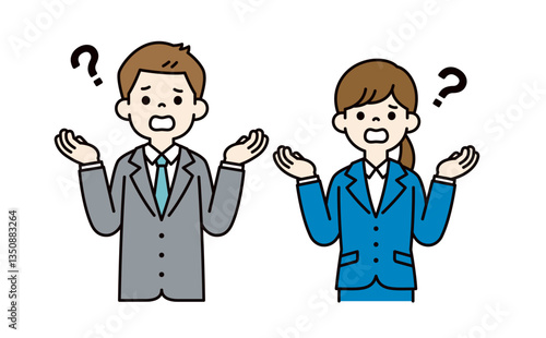 なぜ？と肩をすくめる、男女の会社員のシンプルなベクターイラスト素材＿カラー