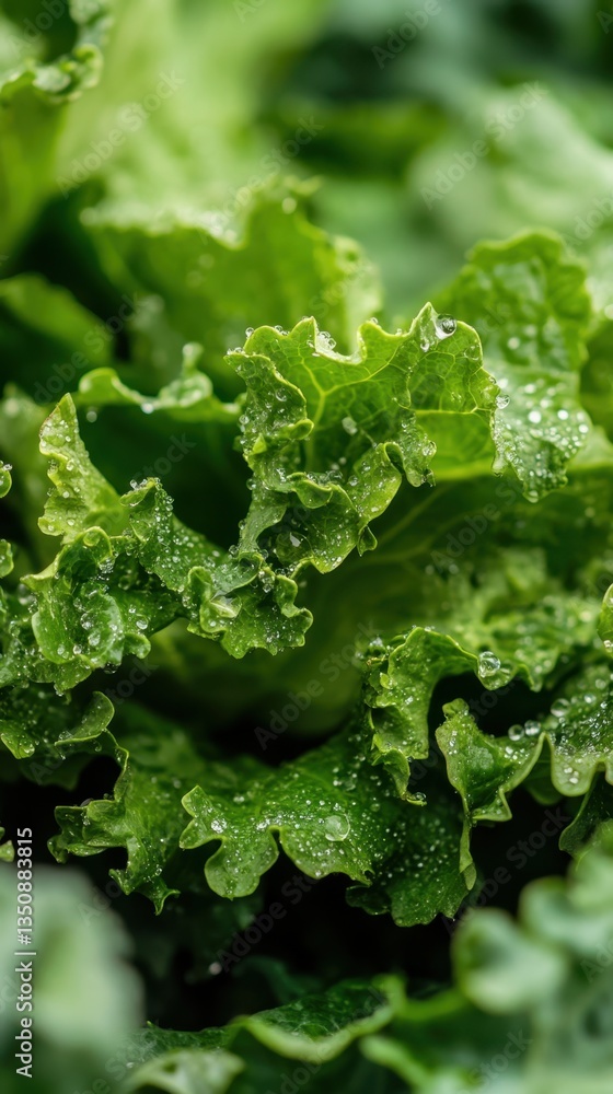 Fresh Green Lettuce Leaves with Water Droplets on Surface Fresh Green Lettuce Leaves with Water Droplets on Surface