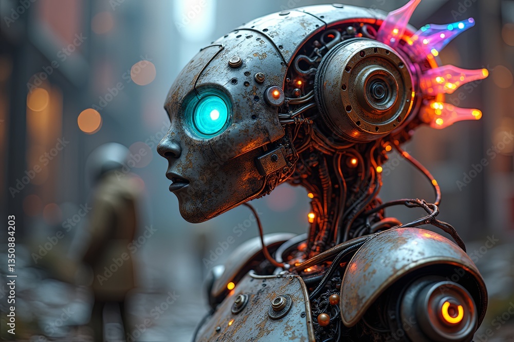 Fototapeta premium Robot or cyborg with a humanoid head and metallic body