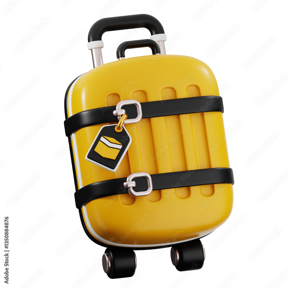 Fototapeta premium 3D Yellow wheeled Hajj luggage with black straps and a tag. Perfect for travel, vacation, tourism, baggage, and adventure themes for marketing.