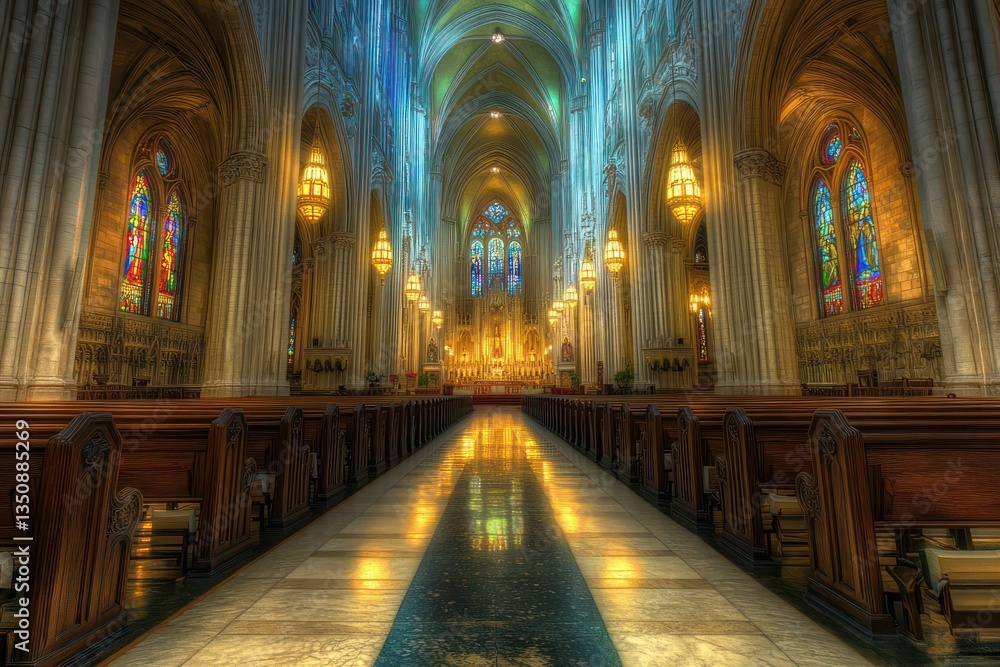 Fototapeta premium Cathedral interior, sunlight, aisle, stained glass, peaceful worship