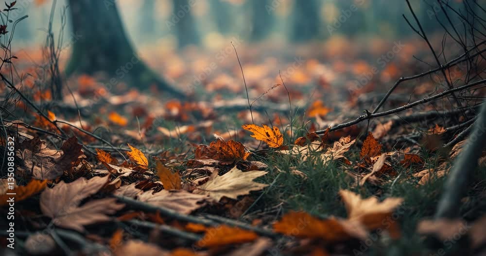 Blurred image of a gathering of fallen leaves and twigs on the ground that are nearing decay. Blurred image of a gathering of fallen leaves and twigs on the ground that are nearing decay.