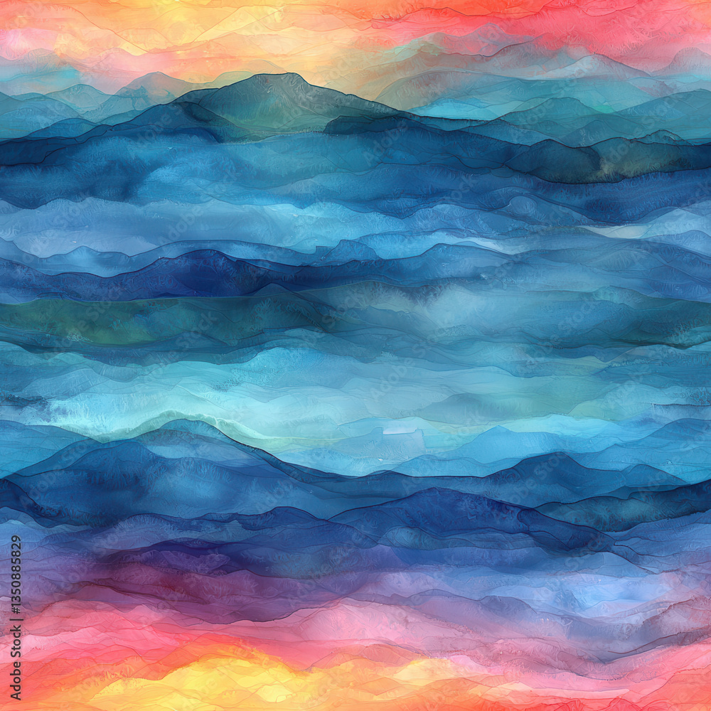 Seamless pattern Vivid watercolor landscape with layered mountain silhouettes and gradient sky, Seamless pattern for textile and tile decoration Seamless pattern Vivid watercolor landscape with layered mountain silhouettes and gradient sky, Seamless pattern for textile and tile decoration