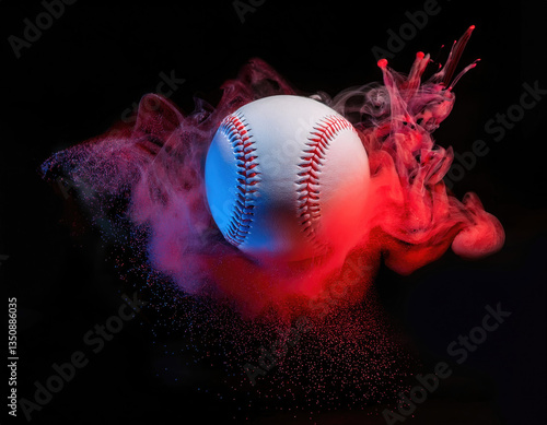 White baseball ball in multi colored red smoke from a vape on a black isolated background. Baseball balls flying in water drops and splashes isolated on a black background