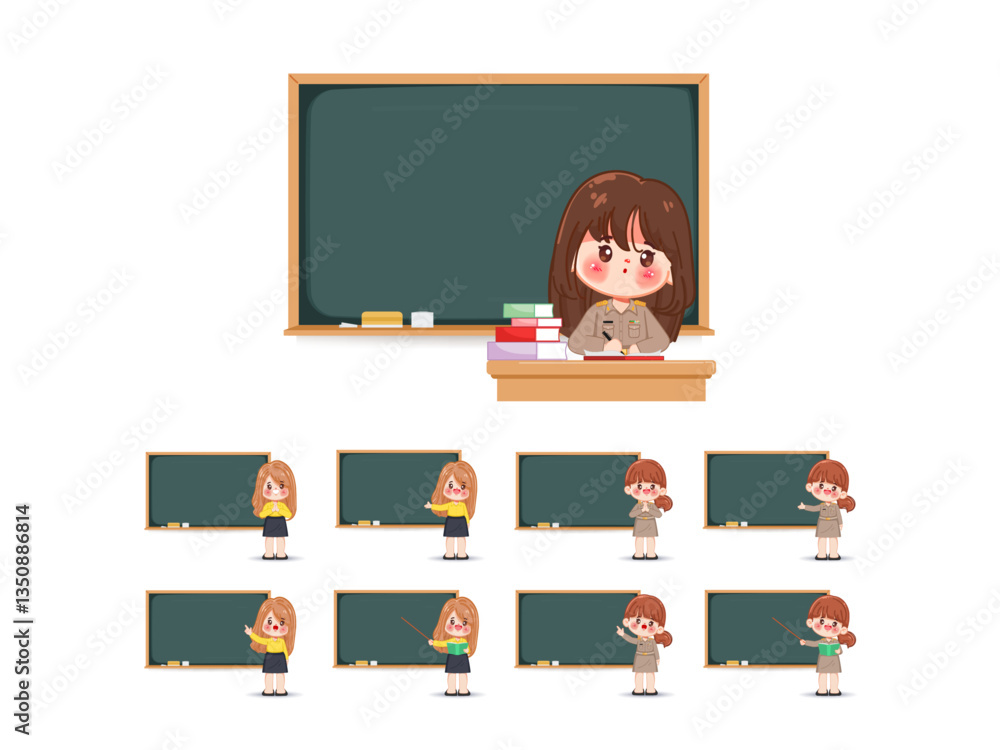 custom made wallpaper toronto digitalCute cartoon teacher woman teaching at blackboard in the classroom background. premium vector.