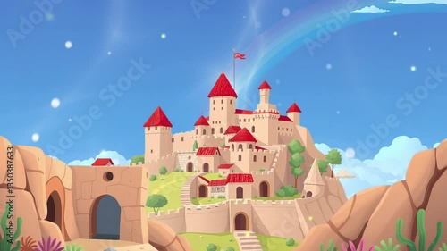 Castle View on hills Rainbows cartoon Animated images background scenery cartoon images cartoons