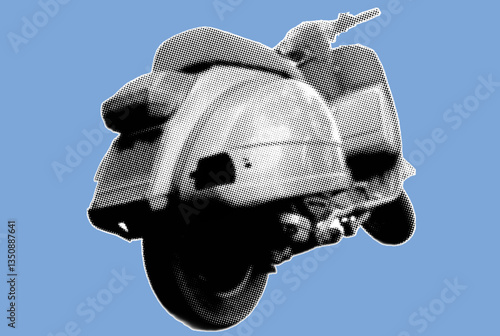 Rear section view of scooter motorcycle parked pixelate grayscale color halftone dotted texture style collage element isolated on blue background