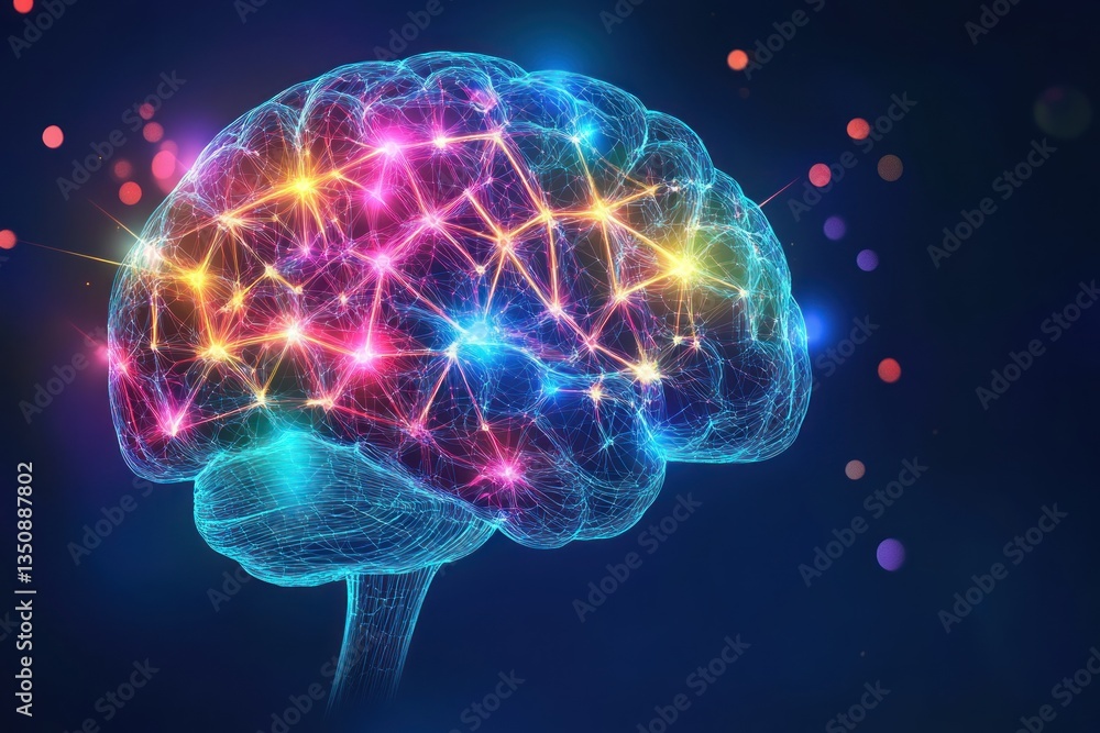 Illuminated brain with glowing network connections depicted on a dark backdrop Illuminated brain with glowing network connections depicted on a dark backdrop