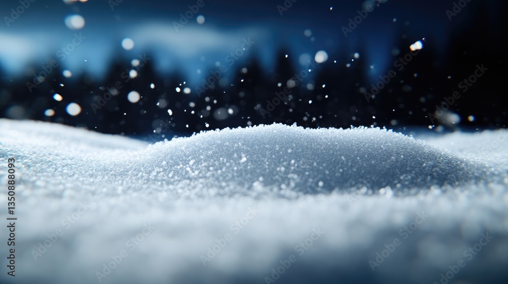 Fototapeta premium Fresh snowfall at night. Close-up view of snowdrifts