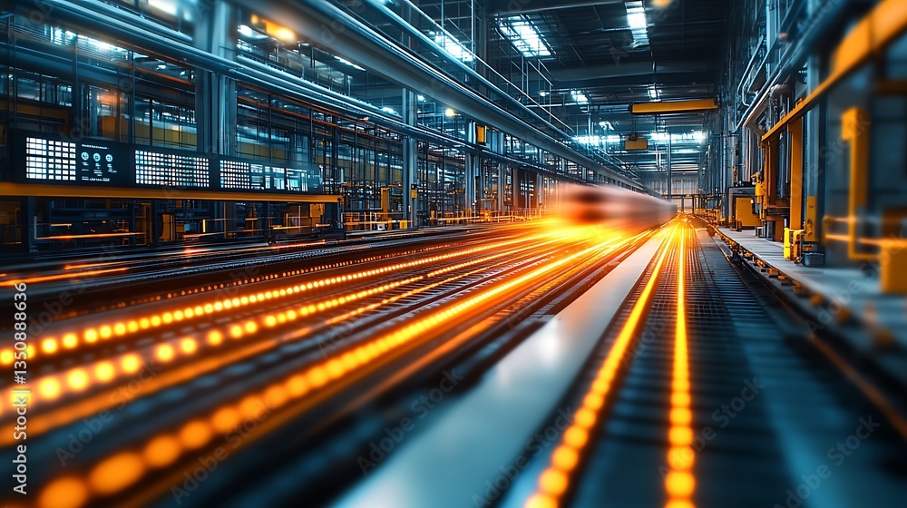 A motion-blurred view of an industrial warehouse with glowing light trails, representing the speed and reach of global shipping. In the background is a modern steel plant. A motion-blurred view of an industrial warehouse with glowing light trails, representing the speed and reach of global shipping. In the background is a modern steel plant.