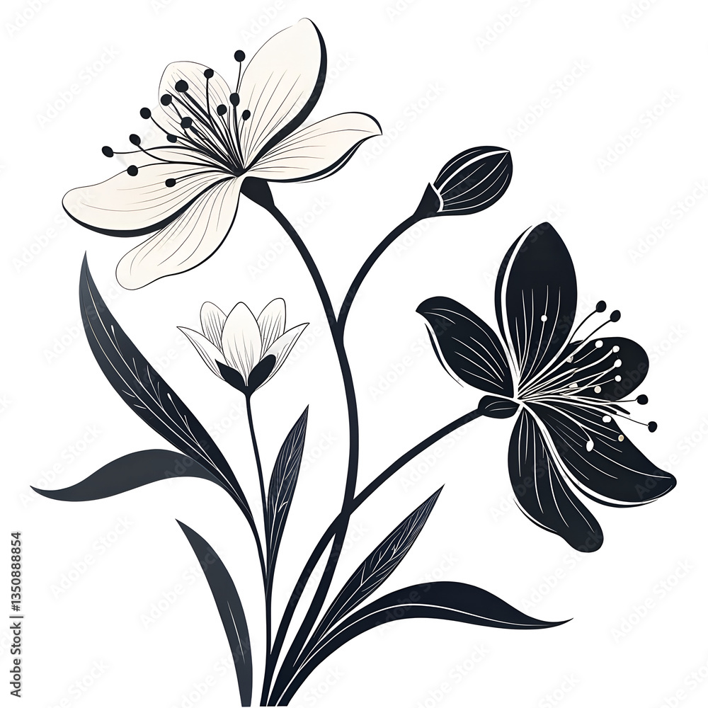Minimalist botanical illustration in black and white, featuring stylized flowers with delicate isolated on transparent background.
Minimalist botanical illustration in black and white, featuring stylized flowers with delicate isolated on transparent background.