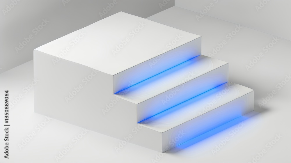 White stairs with blue LED lights in corner on white background White stairs with blue LED lights in corner on white background