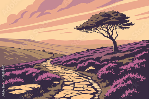 31 Scenic moorland path, stone walkway, blooming purple heather, rolling hills, dramatic sky, golden hour light, vibrant colors, rugged landscape, winding trail, distant horizon, ethereal atmosphere, 