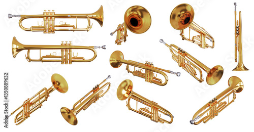 Golden shiny new metallic brass trumpet music instrument isolated. Brass instruments, golden trumpet on transparency background.