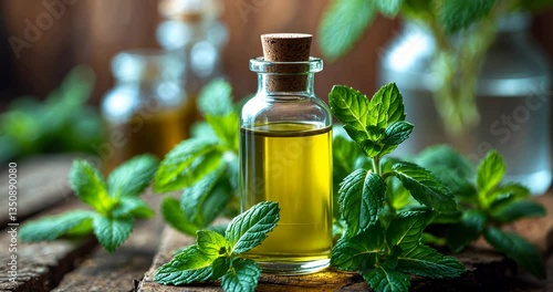 A bottle of essential oil for aromatherapy featuring a fresh blooming peppermint plant.