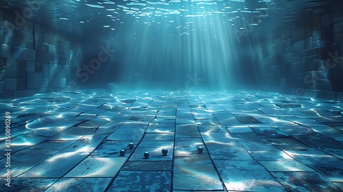 A serene view of the indoor pool with black pearls, illuminated by soft sunlight through the water.