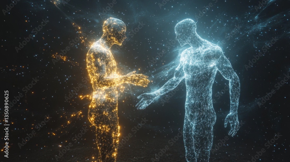 Two ethereal figures interacting in a cosmic space