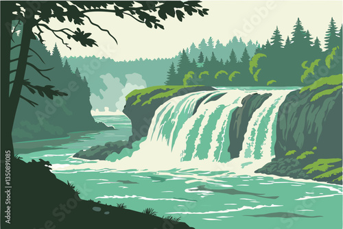 32 Majestic waterfall, turquoise water, rushing rapids, lush green forest, rocky cliffs, misty spray, sunlight filtering through trees, scenic nature landscape, powerful cascade, tranquil river, prist