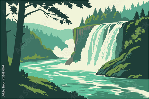 32 Majestic waterfall, turquoise water, rushing rapids, lush green forest, rocky cliffs, misty spray, sunlight filtering through trees, scenic nature landscape, powerful cascade, tranquil river, prist