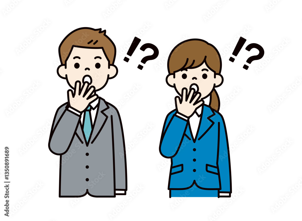 口に手を当てて驚く、男女の会社員のシンプルなベクターイラスト素材_カラー 口に手を当てて驚く、男女の会社員のシンプルなベクターイラスト素材_カラー