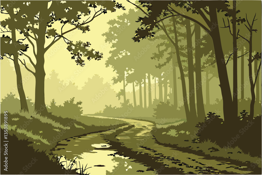 Fototapeta premium 33 Forest path at dawn, sunbeams filtering through trees, misty atmosphere, reflective puddle on dirt road, lush green foliage, dappled light, ethereal woodland scene, golden hour, atmospheric perspec