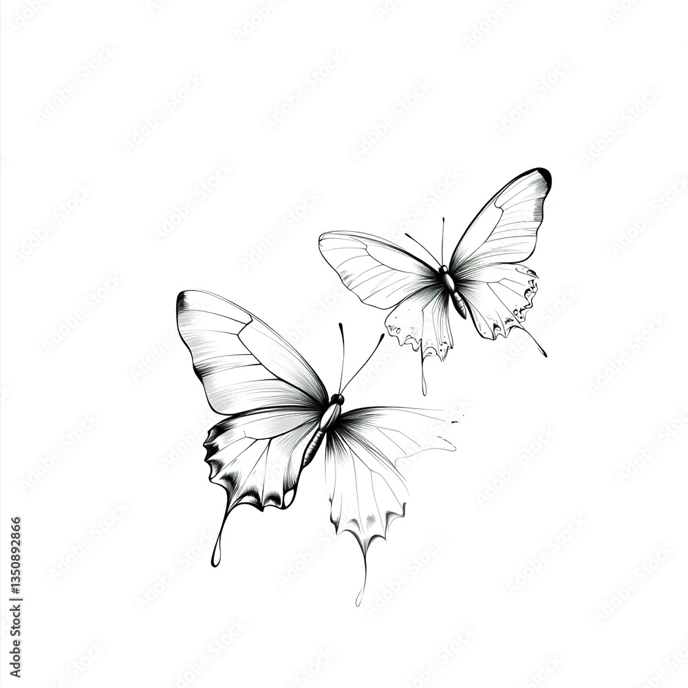 Obraz premium draw a minimalistic fineline tattoo of two butterflies for a woman. black on white, very clean