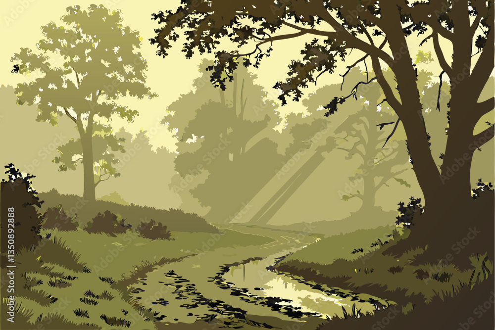 Fototapeta premium 33 Forest path at dawn, sunbeams filtering through trees, misty atmosphere, reflective puddle on dirt road, lush green foliage, dappled light, ethereal woodland scene, golden hour, atmospheric perspec