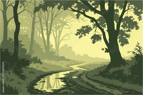 33 Forest path at dawn, sunbeams filtering through trees, misty atmosphere, reflective puddle on dirt road, lush green foliage, dappled light, ethereal woodland scene, golden hour, atmospheric perspec