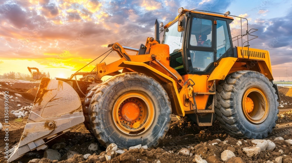 Yellow Construction Loader Operating in Dirt with Sunset Sky Backdrop Yellow Construction Loader Operating in Dirt with Sunset Sky Backdrop