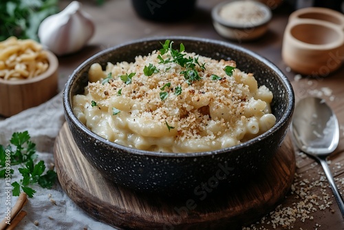 Creamy Mac & Cheese with Crispy Breadcrumb Topping in Rustic Bowl