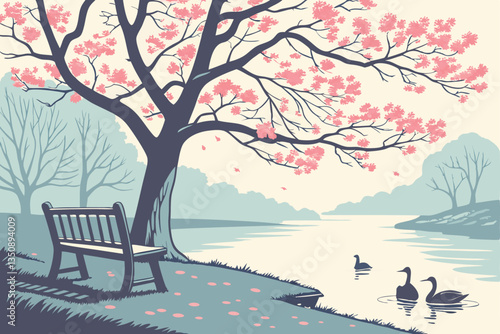 34 Serene lakeside scene, cherry blossom tree in bloom, wooden bench, misty morning light, calm water reflections, ducks swimming, fallen petals on ground, tranquil atmosphere, soft pink and blue tone