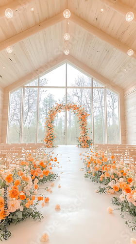 Orange floral wedding chapel aisle.