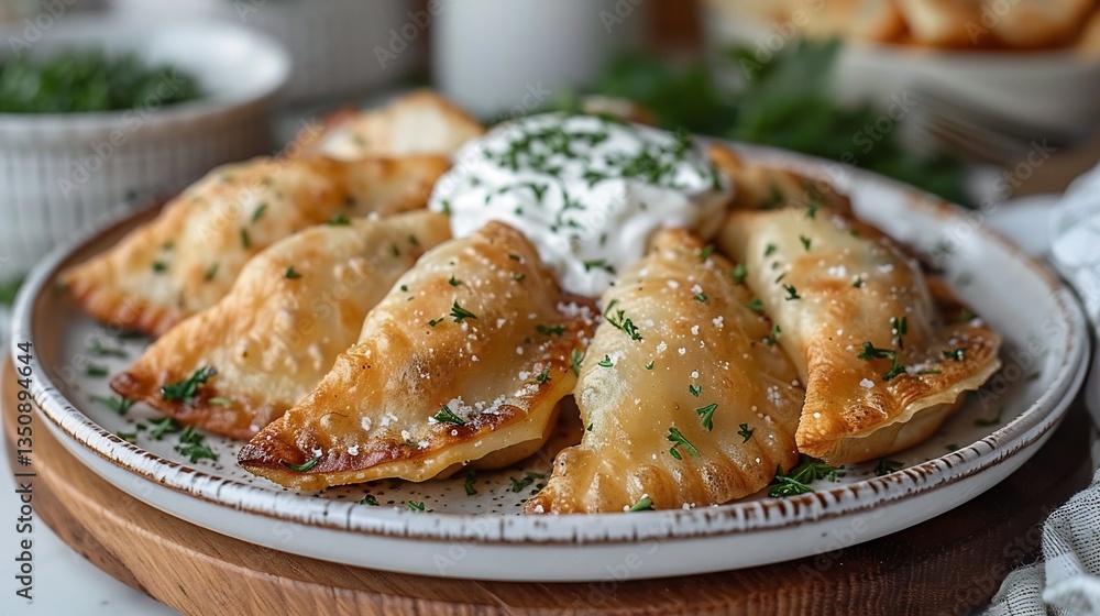Polish pierogi dumplings sour cream arranged in a crescent pattern on a white ceramic plate Polish pierogi dumplings sour cream arranged in a crescent pattern on a white ceramic plate