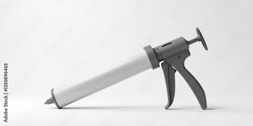 Fototapeta premium A simple gray caulking gun with a long white cartridge rests on a plain white surface