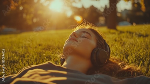 Fototapeta Naklejka Na Ścianę i Meble -  A young girl on a sunny day lying on the grass with headphones on listening to music