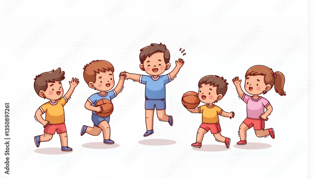 Playful Chibi-Style Children Engaging in an Energetic Game Against a Clean White Background: A Vibrant and Joyful Korean-Inspired Cartoon Animation Playful Chibi-Style Children Engaging in an Energetic Game Against a Clean White Background: A Vibrant and Joyful Korean-Inspired Cartoon Animation