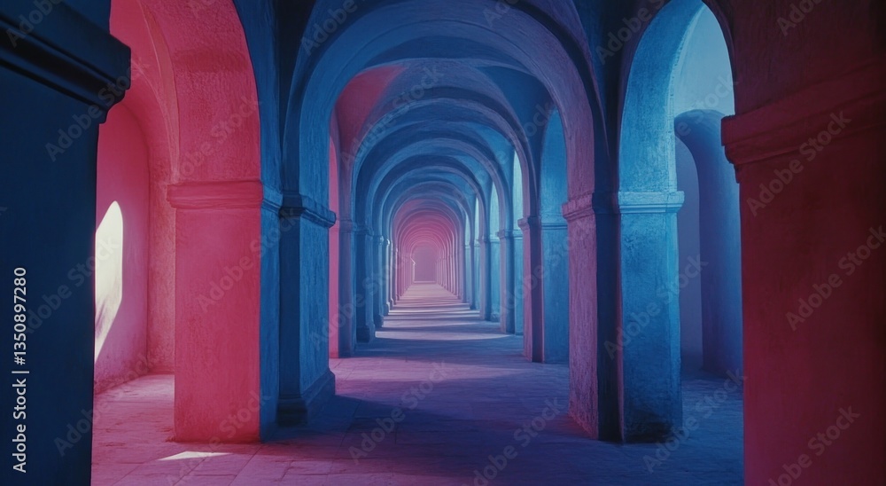 Fototapeta premium A long corridor of columns lit in vibrant pinks and blues