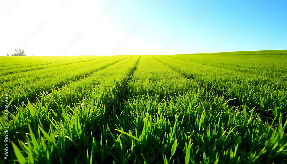 Obraz premium Serene Green Field Landscape Under a Bright Sunny Sky: A Pastoral View of Lush Grassland