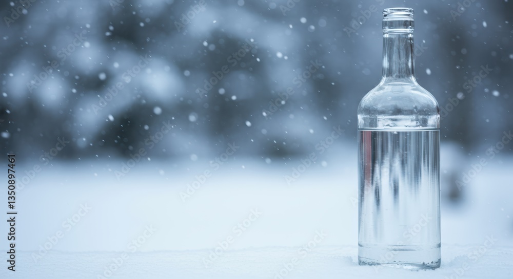 Transparent bottle in snowy winter scene with falling snowflakes Transparent bottle in snowy winter scene with falling snowflakes