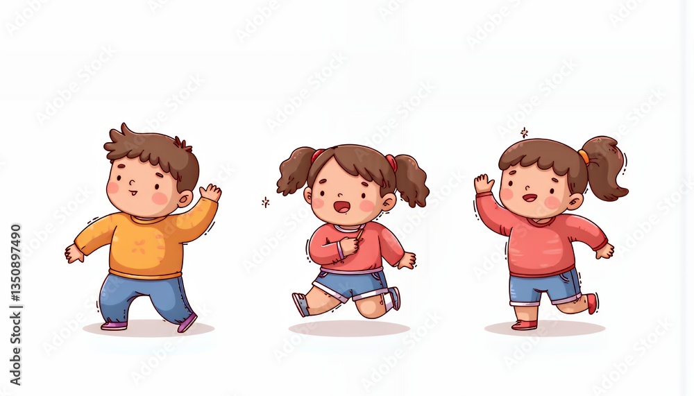 Playful Chibi-Style Children in Vibrant Colors: A Korean Anime Illustration Featuring a Boy and Two Girls Engaged in Energetic Activities Against a Pristine White Background Playful Chibi-Style Children in Vibrant Colors: A Korean Anime Illustration Featuring a Boy and Two Girls Engaged in Energetic Activities Against a Pristine White Background