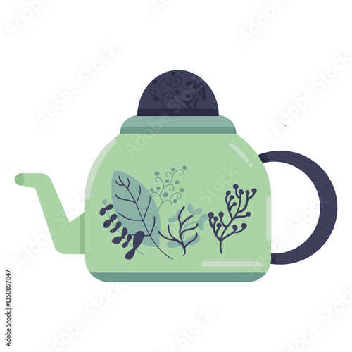 a teapot with floral pattern for design elements in flat design, isolated on white background