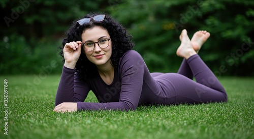 A black curly-haired woman in fitness wear lying calmly on grass feeling peaceful and rejuvenated. Generative AI