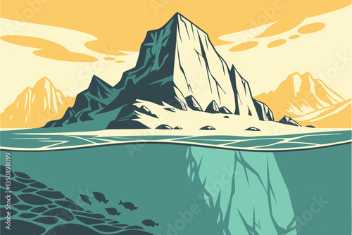 36 Majestic iceberg, split-view underwater and above water, rocky underwater terrain, crystal clear turquoise water, jagged ice formation, sunlit mountain peaks, golden sunset light, dramatic sky, Arc