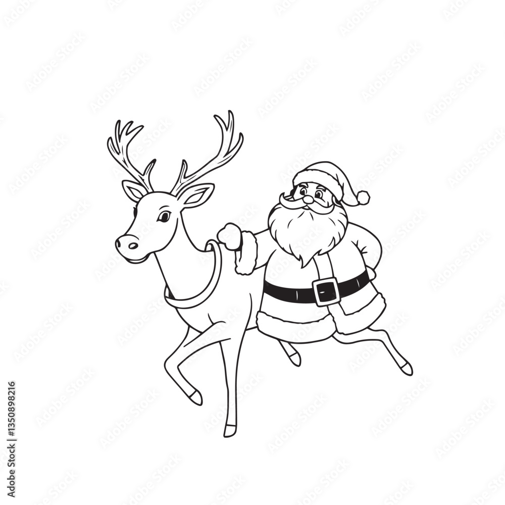 Fototapeta premium Continuous one black line art drawing christmas reindeer and santa claus vector illustration.
