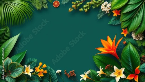 Wallpaper Mural A dark teal background is framed by a vibrant arrangement of tropical plants and flowers Torontodigital.ca