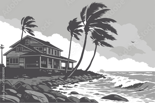 37 Tropical storm, damaged beachfront house, crashing waves, palm trees bending in wind, rocky shoreline, overcast sky, debris, atmospheric, moody, cinematic, dramatic lighting, high contrast, photore