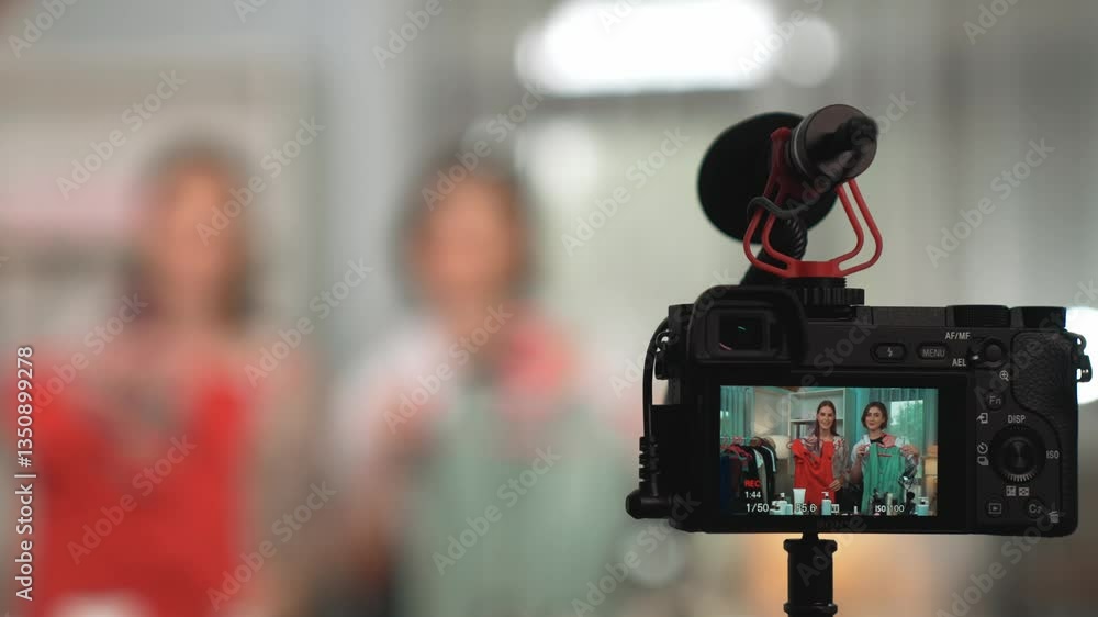 Rear view behide camera screen display two women influencer shoot vlog video review clothes prim social media or blog. Girls with apparel studio lighting for live streaming marketing recording session Rear view behide camera screen display two women influencer shoot vlog video review clothes prim social media or blog. Girls with apparel studio lighting for live streaming marketing recording session