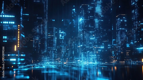 Wallpaper Mural Futuristic Urban Cityscape with Glowing Digital Elements at Night Torontodigital.ca