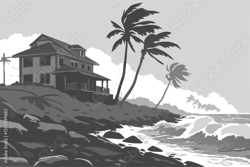 37 Tropical storm, damaged beachfront house, crashing waves, palm trees bending in wind, rocky shoreline, overcast sky, debris, atmospheric, moody, cinematic, dramatic lighting, high contrast, photore