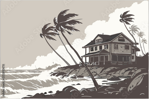 37 Tropical storm, damaged beachfront house, crashing waves, palm trees bending in wind, rocky shoreline, overcast sky, debris, atmospheric, moody, cinematic, dramatic lighting, high contrast, photore